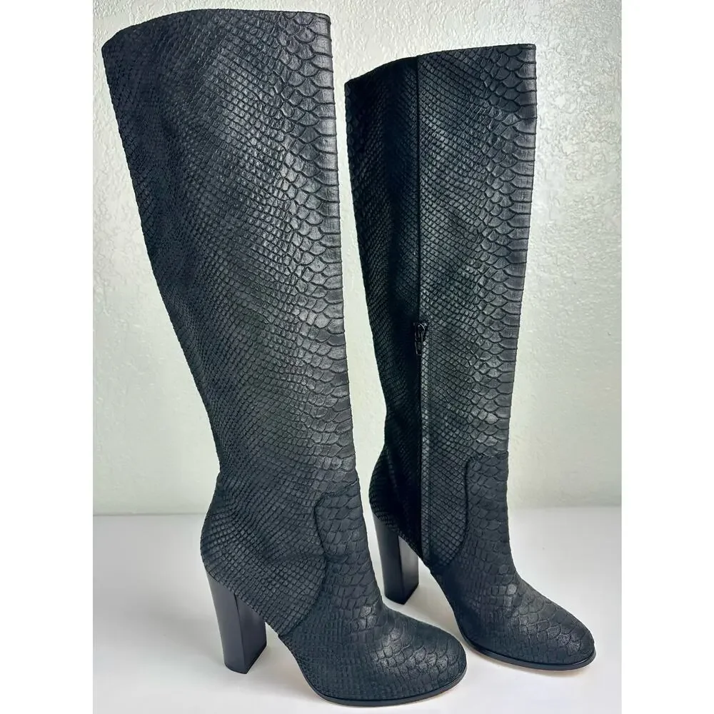 Michael Kors Black Crocodile Embossed Leather Knee High Block Heel Boots Size 8